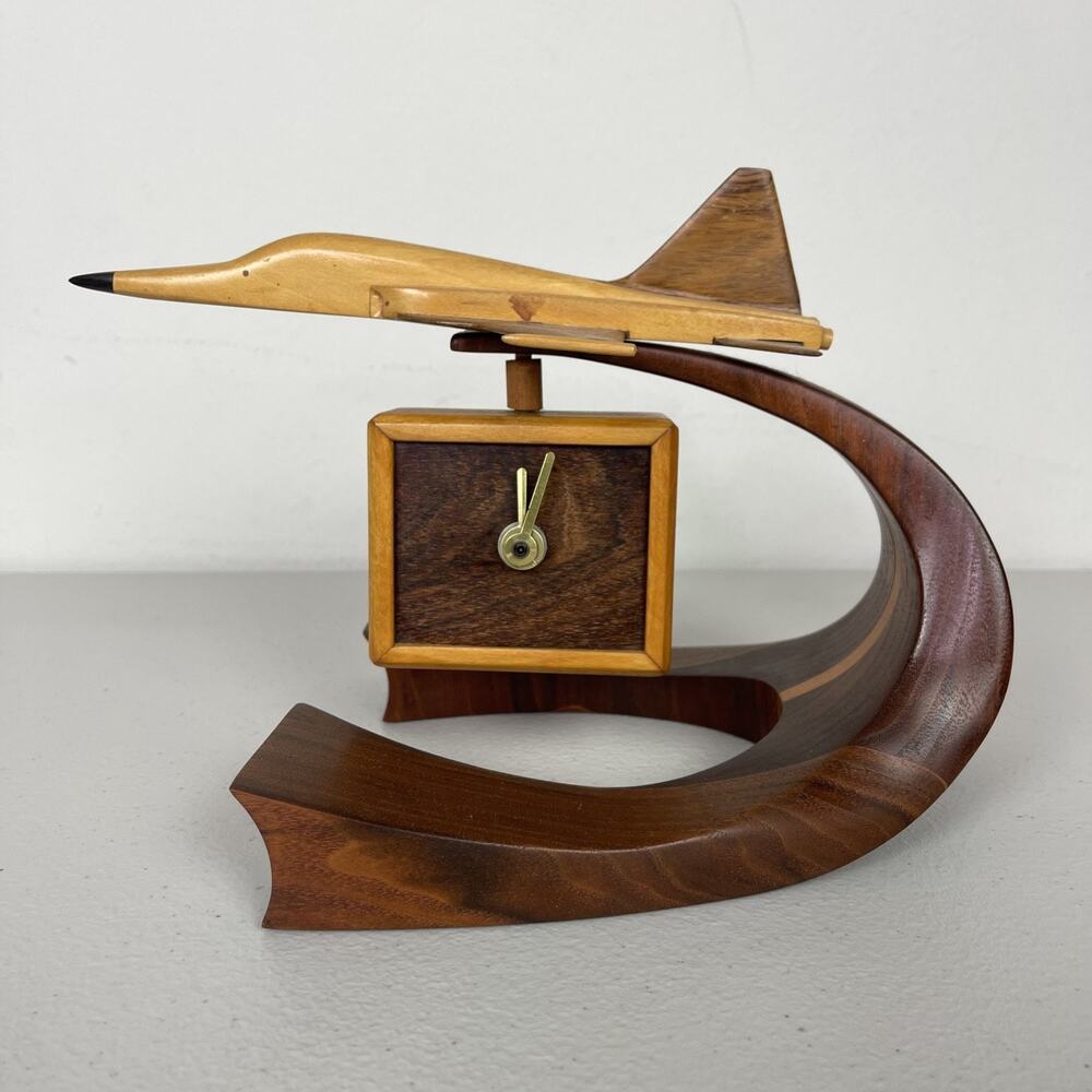 Vintage 1982 Hand Carved Wood Jet Airplane Aviation Desk Clock Sculpture 7" Tall
